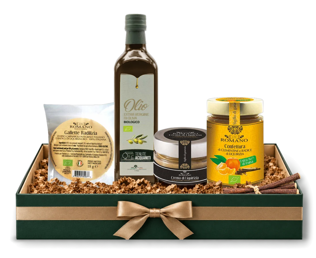 Geschenkbox mit Bio-Olivenöl, Konfitüre, Süßholz-Creme und Crackern